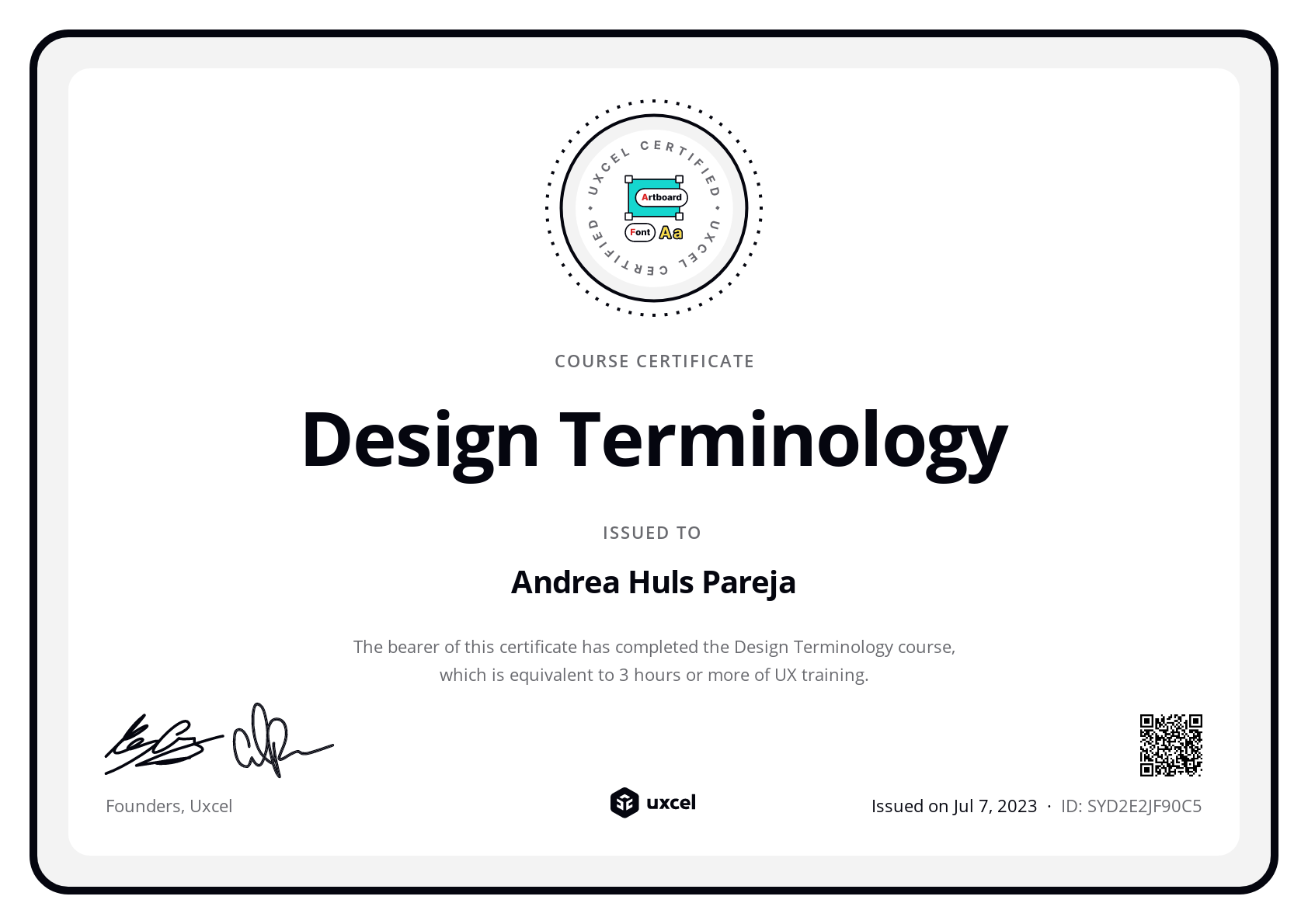 Andrea Huls Pareja's certificate